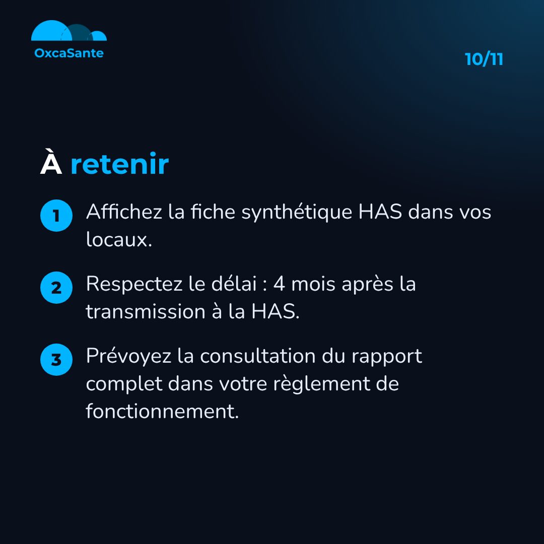 Slide 10 du carrousel : à retenir, afficher la fiche synthétique HAS, respecter le délai de 4 mois, prévoir la consultation du rapport complet