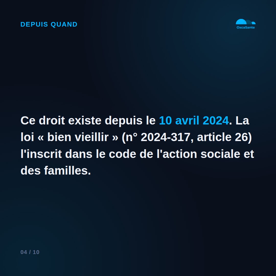 Slide 4 du carrousel : ce droit existe depuis le 10 avril 2024, loi bien vieillir, article 26, article L.311-9-1 du CASF