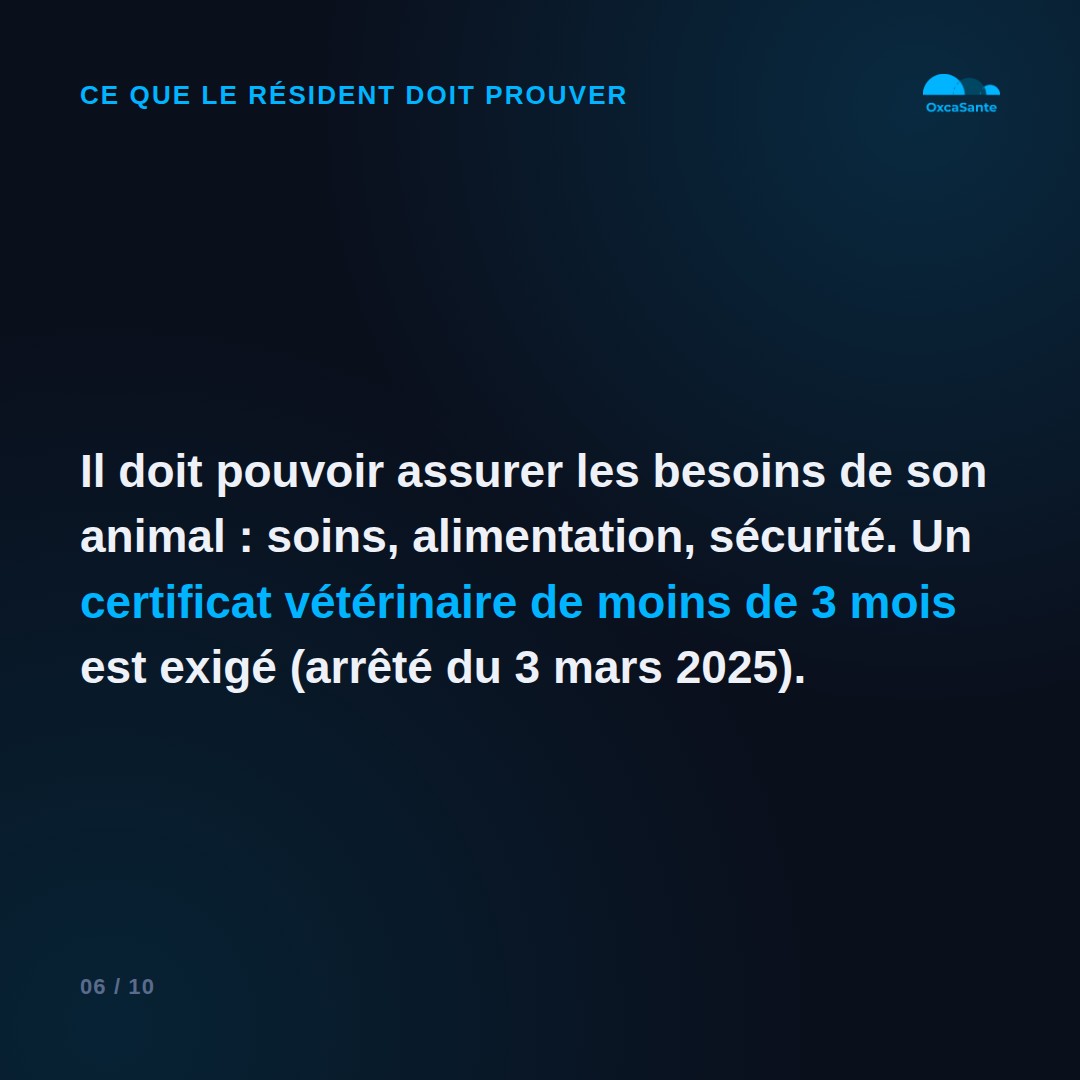 Slide 6 du carrousel : le résident doit assurer les besoins de son animal et fournir un certificat vétérinaire de moins de 3 mois