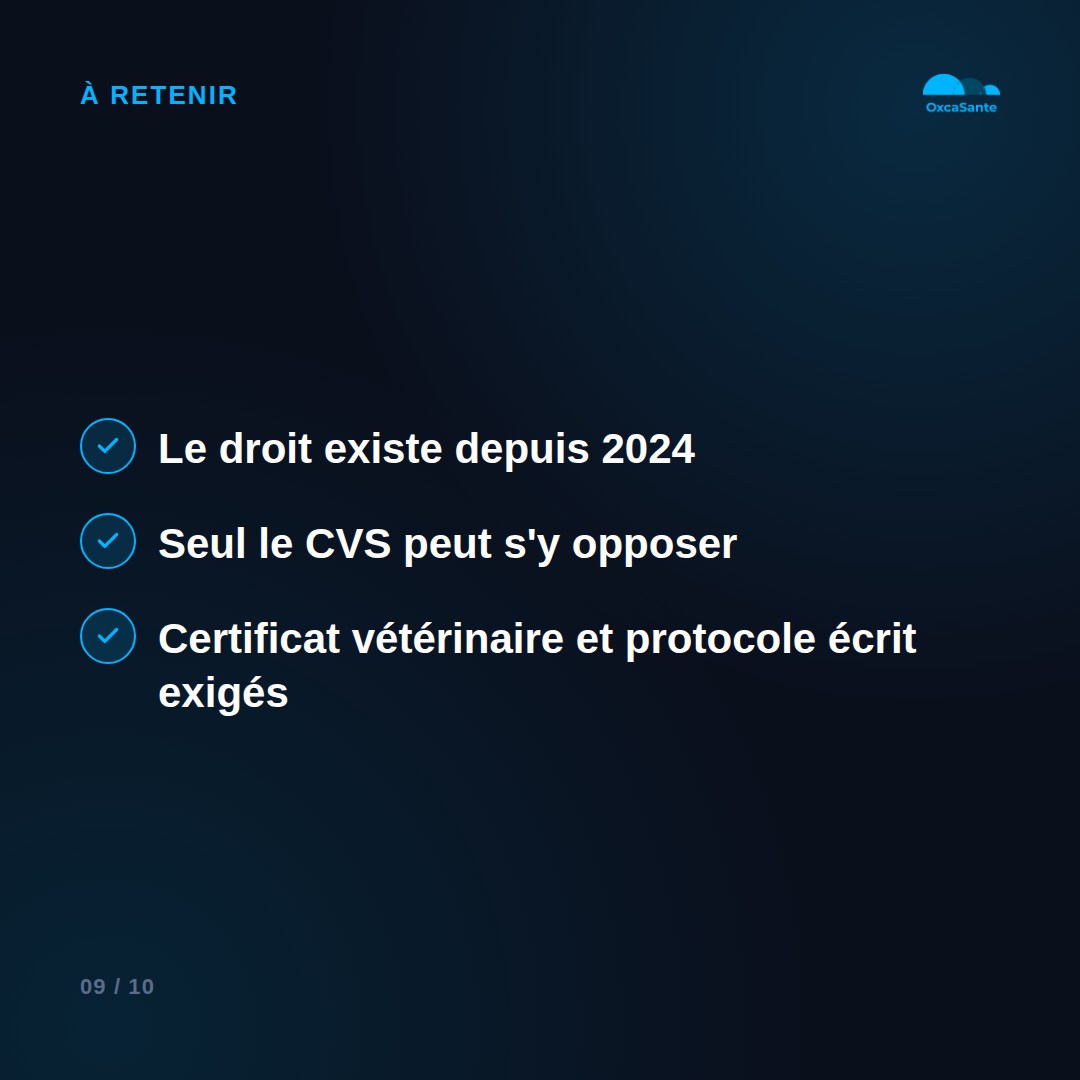 Slide 9 du carrousel : le droit existe depuis 2024, seul le CVS peut s'y opposer, certificat vétérinaire et protocole écrit exigés