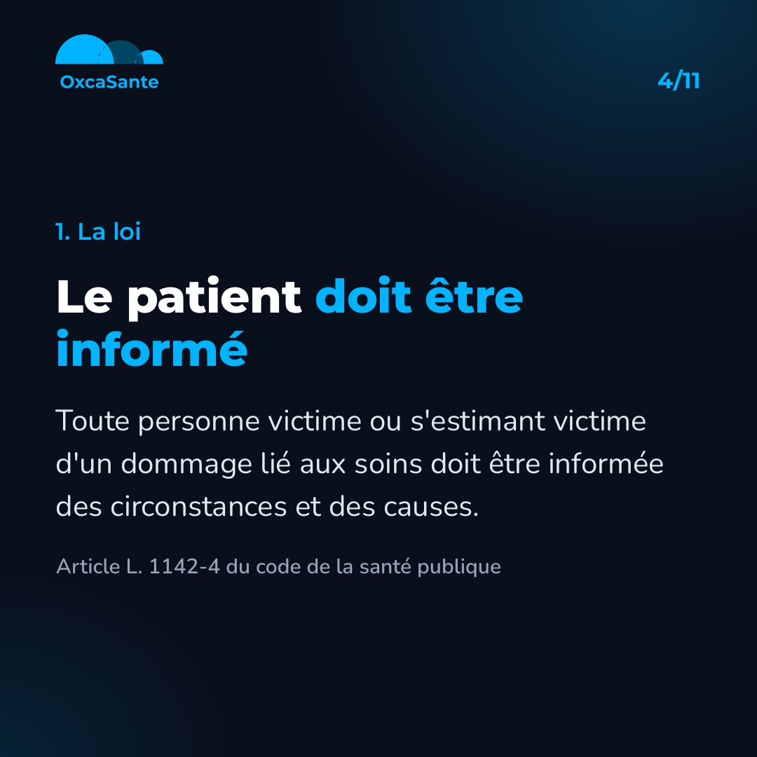Slide 4 du carrousel : le patient doit être informé des circonstances et des causes du dommage, article L. 1142-4 du code de la santé publique