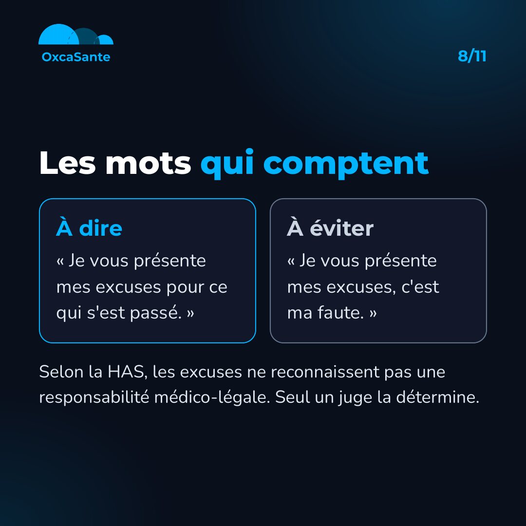 Slide 8 du carrousel : à dire, je vous présente mes excuses pour ce qui s'est passé, à éviter, c'est ma faute, les excuses ne reconnaissent pas une responsabilité médico-légale