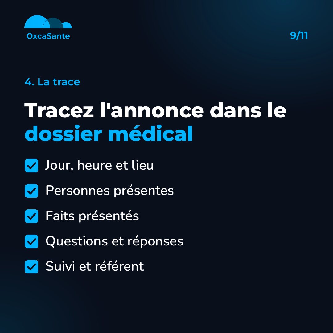 Slide 9 du carrousel : tracer l'annonce dans le dossier médical, jour, heure et lieu, personnes présentes, faits présentés, questions et réponses, suivi et référent