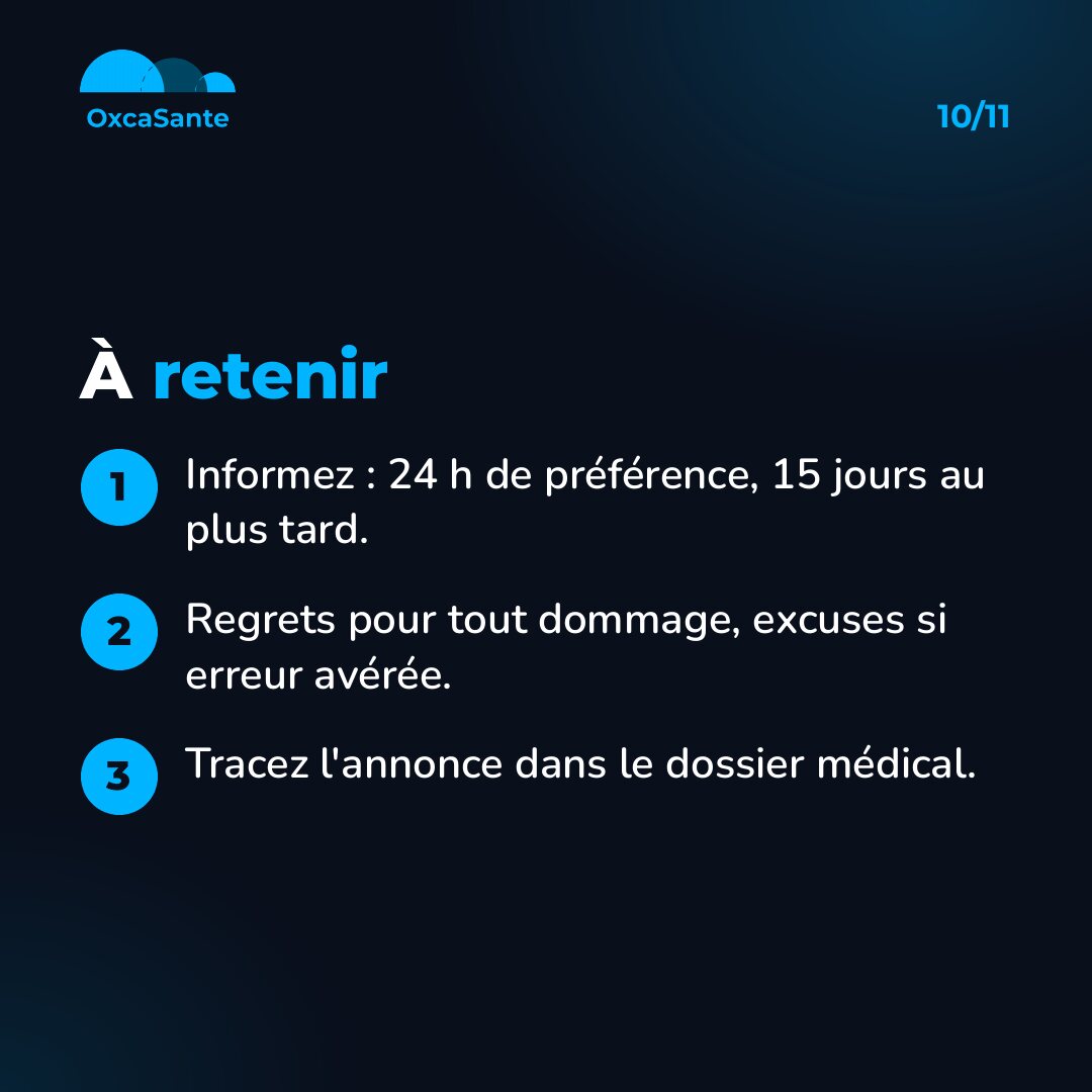 Slide 10 du carrousel : à retenir, informer sous 24 heures de préférence et 15 jours au plus tard, regrets pour tout dommage et excuses si erreur avérée, tracer dans le dossier médical