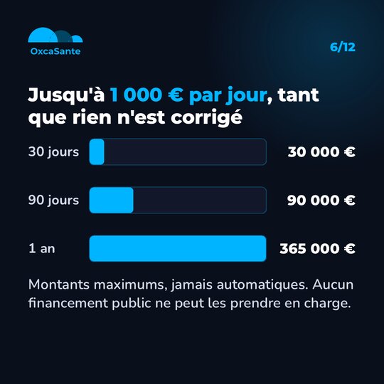 Graphique du carrousel : plafonds de l'astreinte, 30 000 € pour 30 jours, 90 000 € pour 90 jours, 365 000 € pour un an, montants maximums jamais automatiques