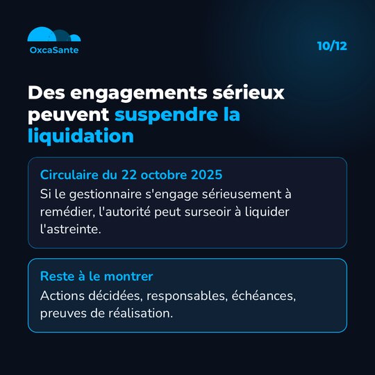 Slide 10 du carrousel : selon la circulaire du 22 octobre 2025, si le gestionnaire s'engage sérieusement à remédier, l'autorité peut surseoir à liquider l'astreinte, reste à le montrer avec actions, responsables, échéances et preuves