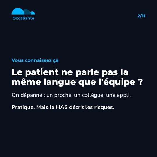 Slide 2 du carrousel : le patient ne parle pas la même langue que l'équipe, on dépanne avec un proche, un collègue, une appli, mais la HAS décrit les risques