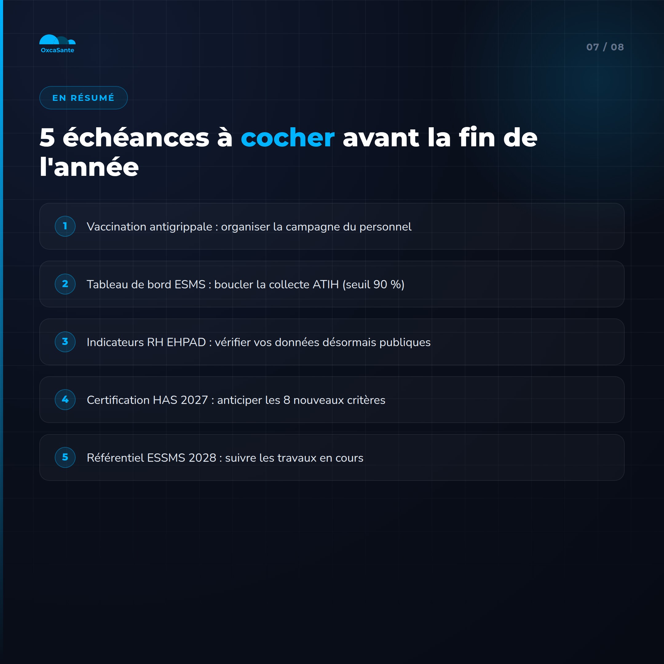 Slide 7 du carrousel : 5 échéances à cocher avant la fin de l'année, récapitulatif des 5 points