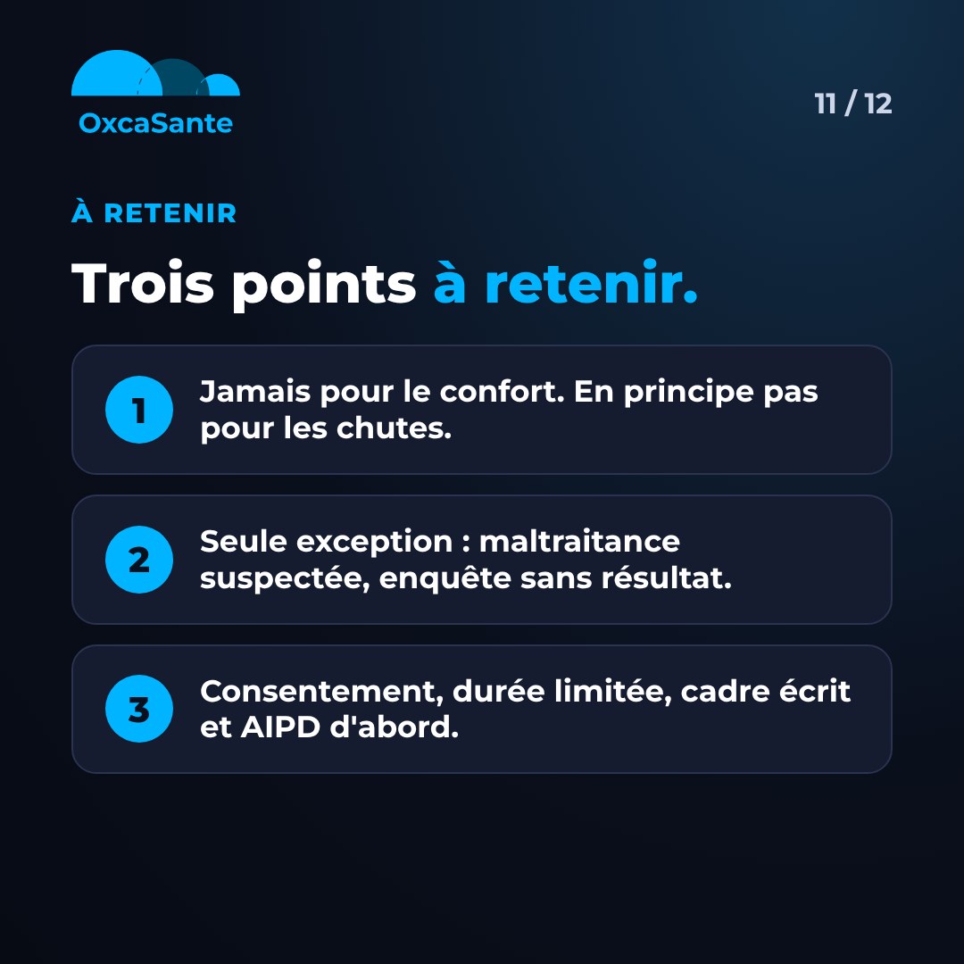 Slide 11 du carrousel : à retenir, jamais pour le confort, seule exception la maltraitance suspectée, consentement durée limitée cadre écrit et AIPD d'abord