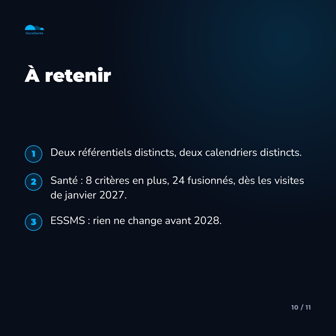 Slide 10 du carrousel : deux référentiels distincts, 8 critères en plus et 24 fusionnés côté santé, rien ne change avant 2028 côté ESSMS