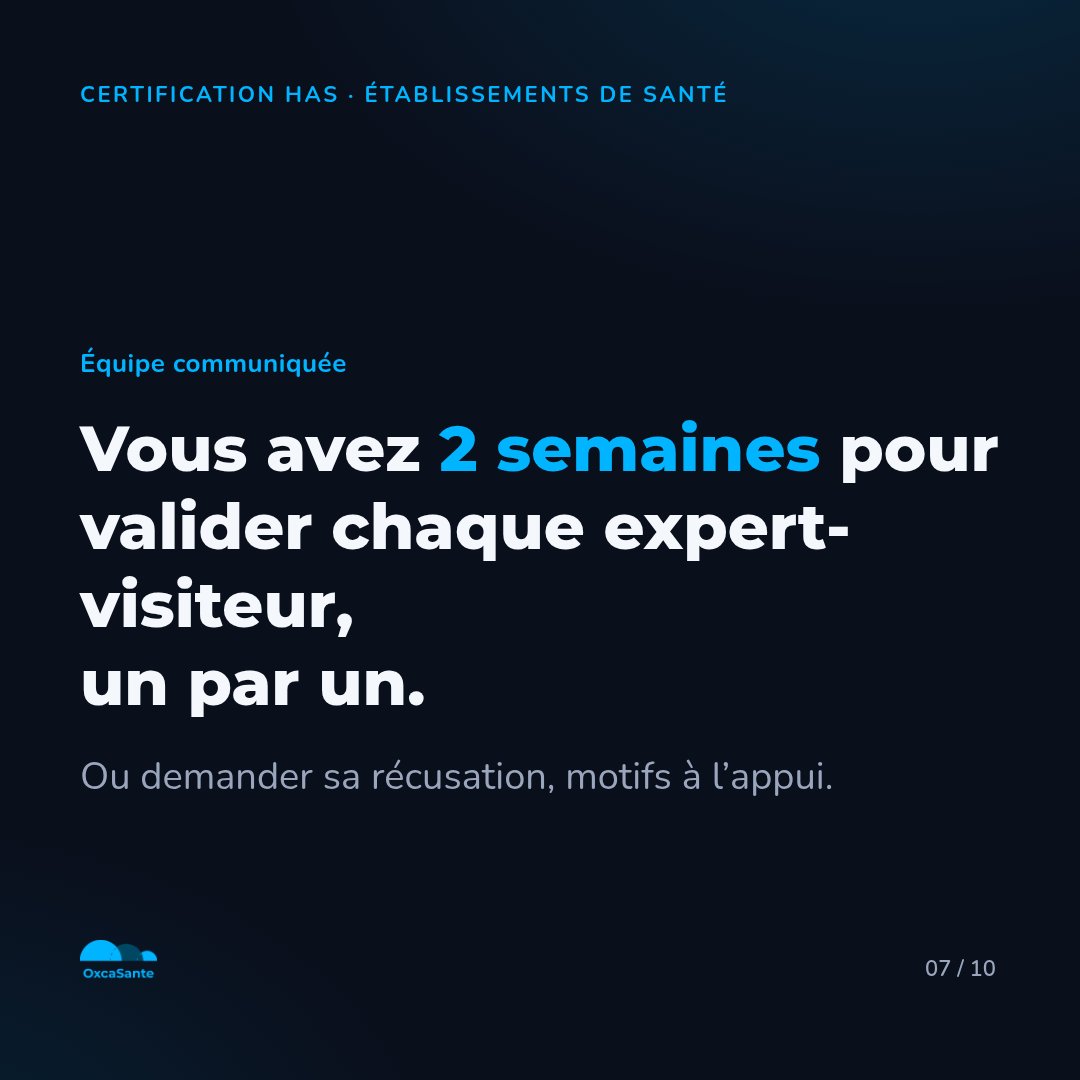 Slide du carrousel : équipe communiquée, vous avez 2 semaines pour valider chaque expert-visiteur, un par un