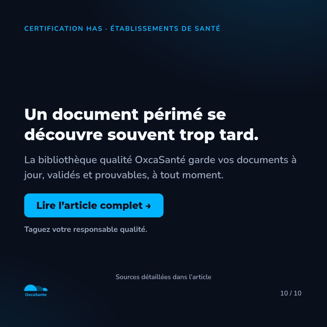 Slide du carrousel : un document périmé se découvre souvent trop tard, la bibliothèque qualité OxcaSanté garde vos documents à jour