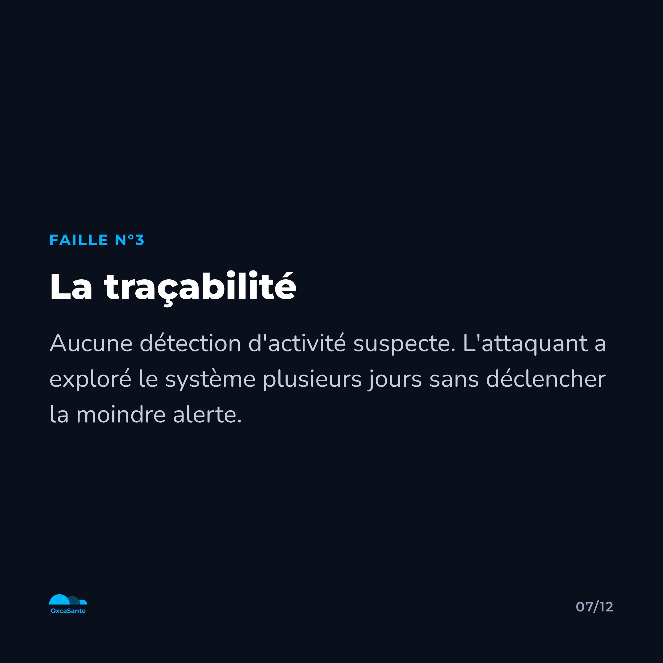 Slide 7 du carrousel : plusieurs jours, aucune alerte, l'attaquant a exploré le dossier patient sans être repéré