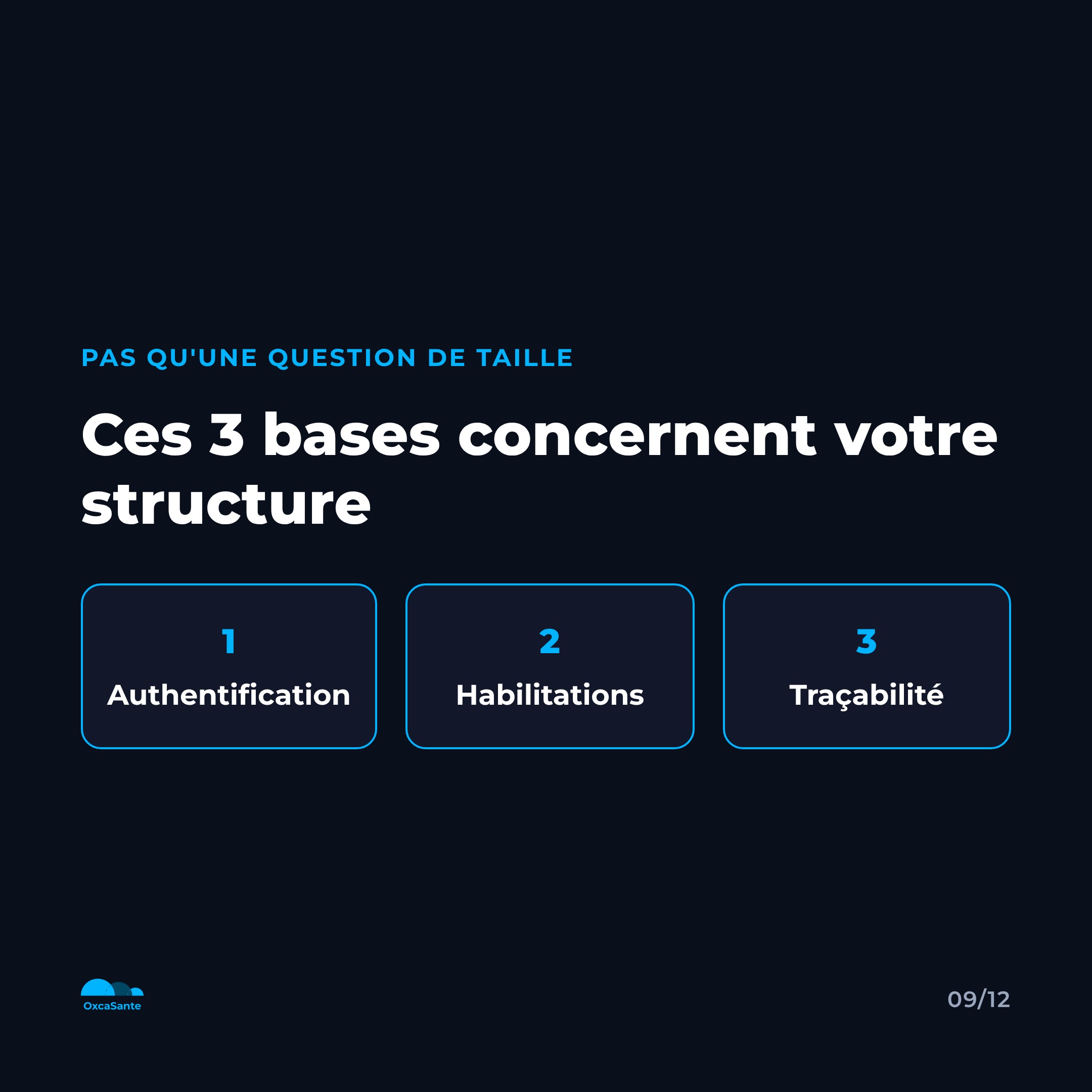 Slide 9 du carrousel : 3 bases à vérifier, authentification, habilitations, traçabilité, quelle que soit la taille de l'établissement