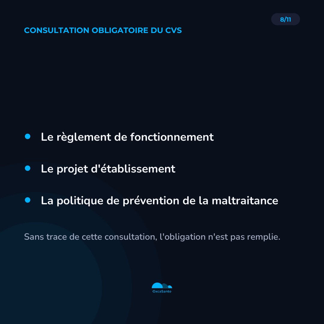 Slide 8 du carrousel : consultation obligatoire du CVS sur le règlement de fonctionnement, le projet d'établissement, la politique de prévention de la maltraitance