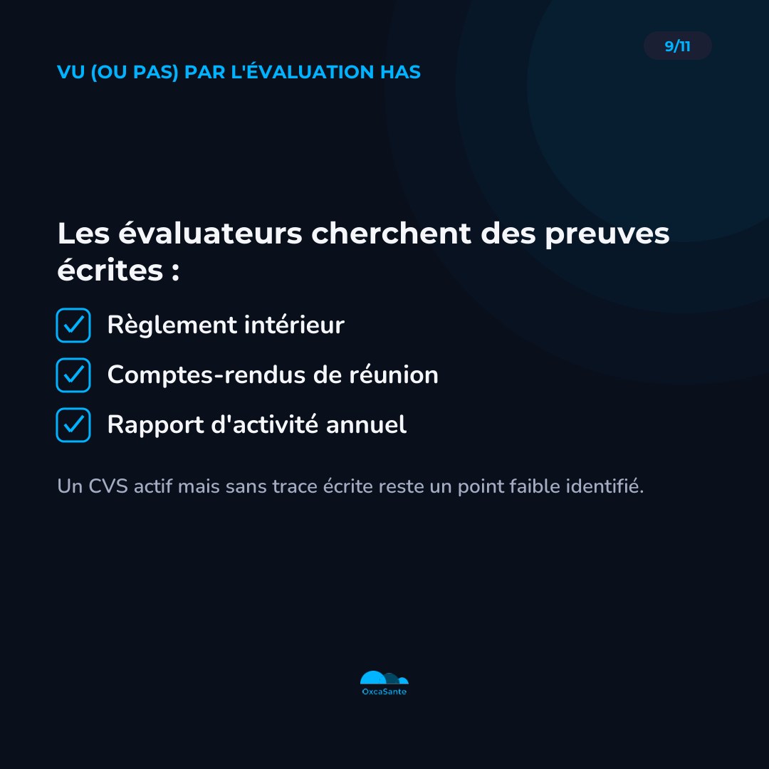 Slide 9 du carrousel : les évaluateurs HAS cherchent des preuves écrites, règlement intérieur, comptes-rendus, rapport d'activité
