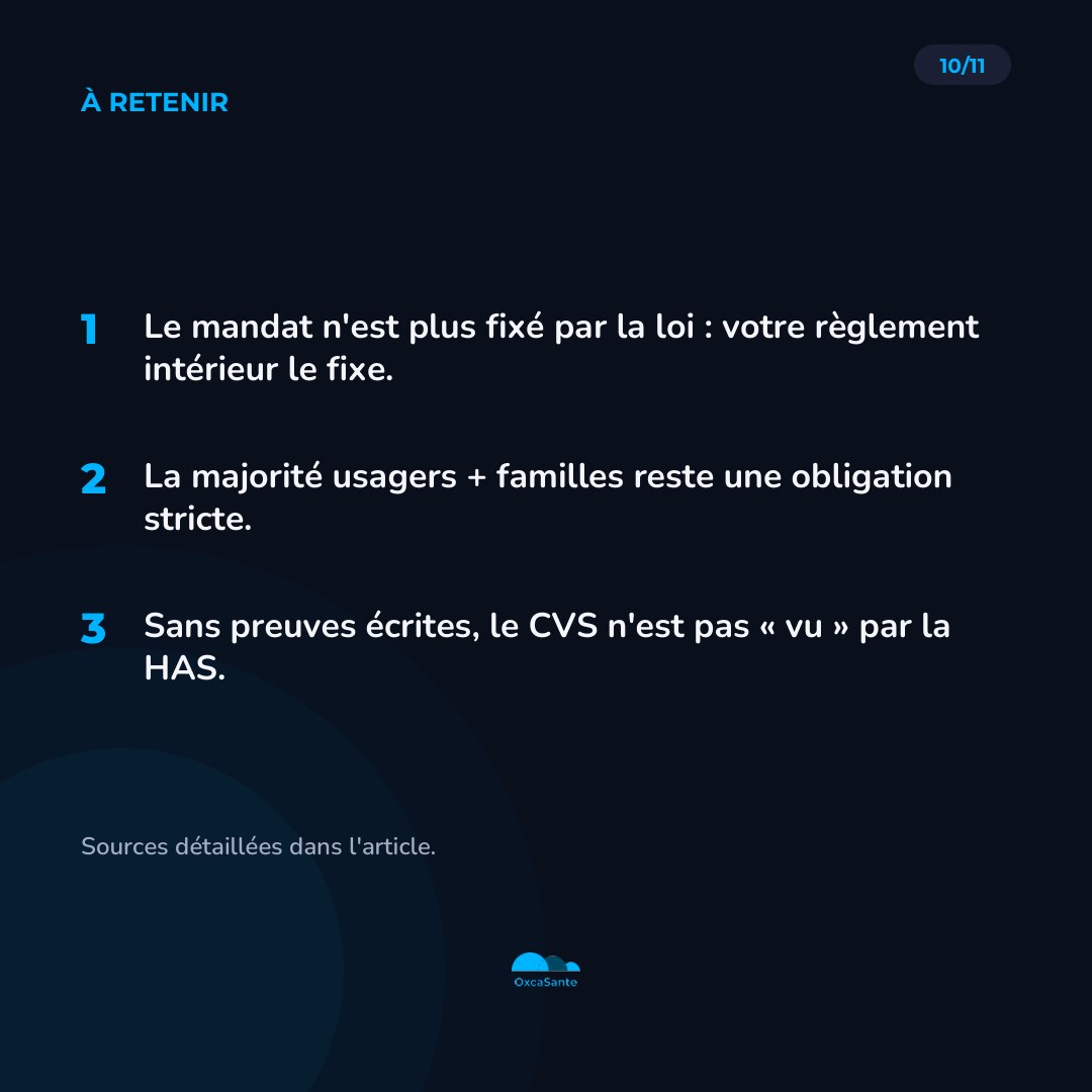 Slide 10 du carrousel : le mandat n'est plus fixé par la loi, la majorité usagers et familles reste obligatoire, sans preuves écrites le CVS n'est pas vu par la HAS