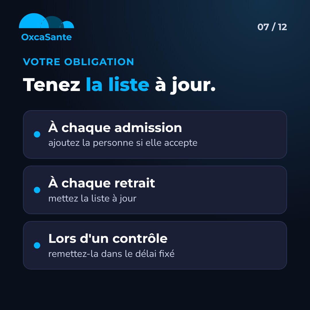 Slide 7 du carrousel : tenez la liste à jour, à chaque admission, à chaque retrait, lors d'un contrôle