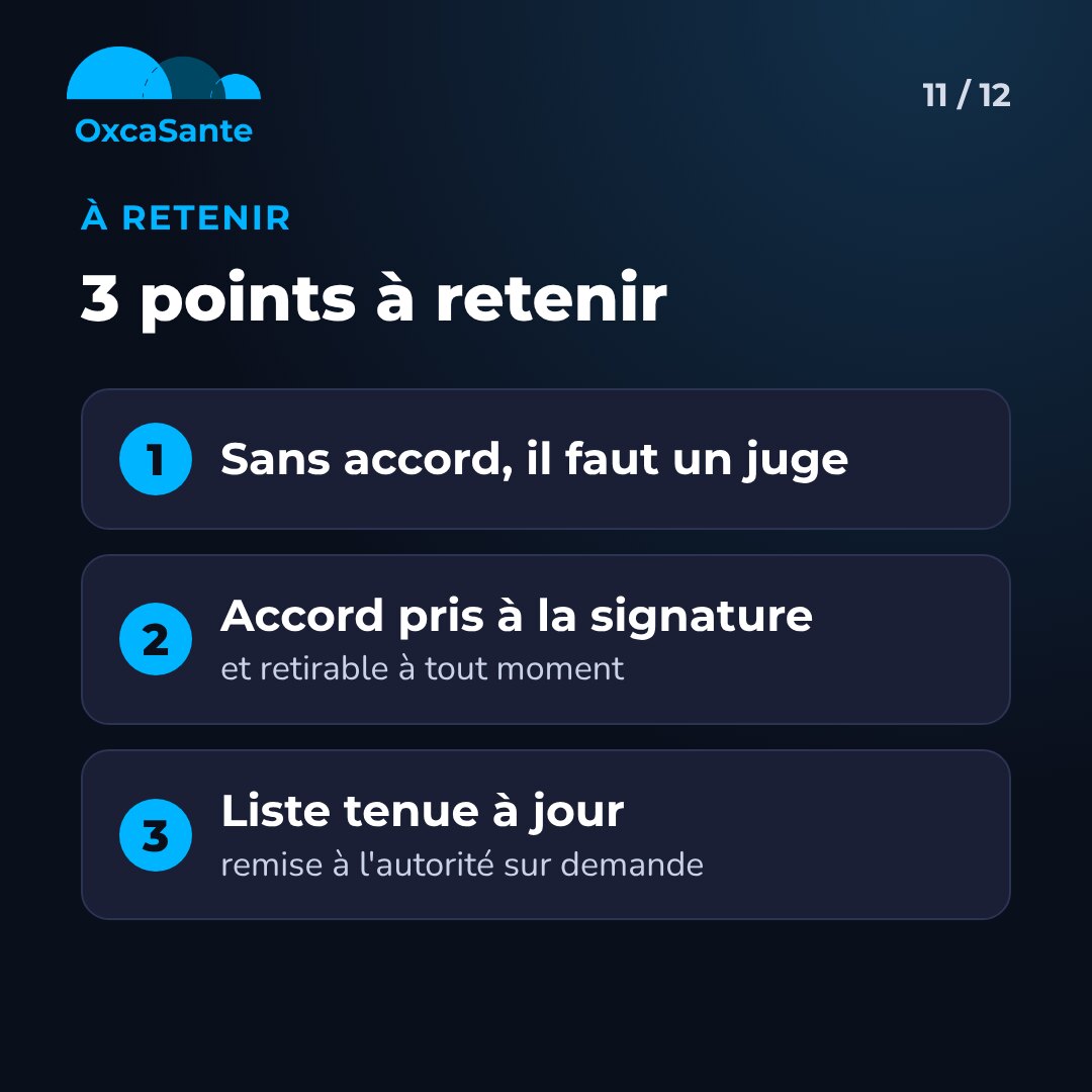 Slide 11 du carrousel : à retenir, sans accord il faut un juge, accord pris à la signature, liste tenue à jour