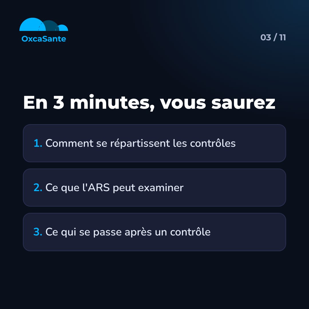 Slide 3 du carrousel : en 3 minutes, vous saurez comment se répartissent les contrôles, ce que l'ARS peut examiner, ce qui se passe après un contrôle
