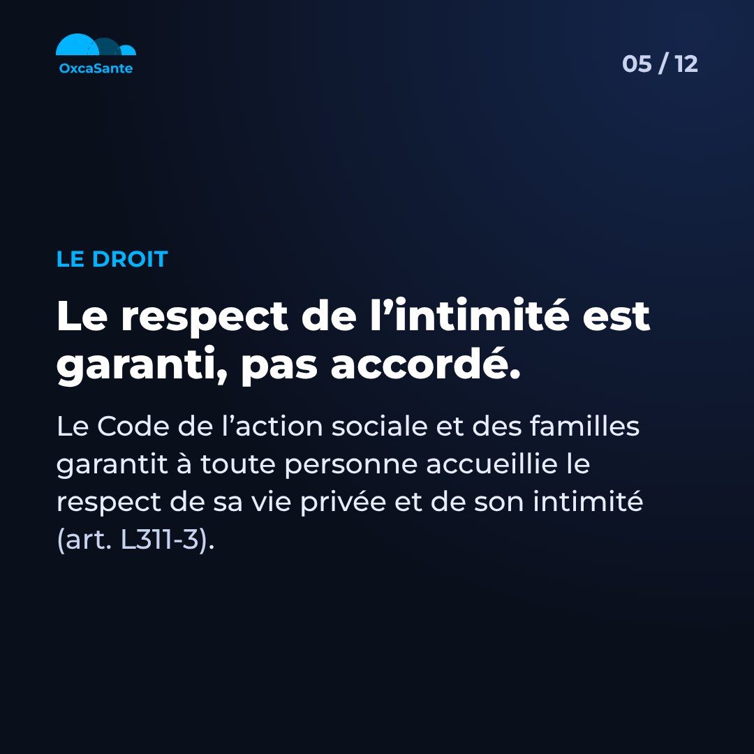 Slide 5 du carrousel&nbsp;: le respect de l'intimité est garanti, article L311-3 du Code de l'action sociale et des familles