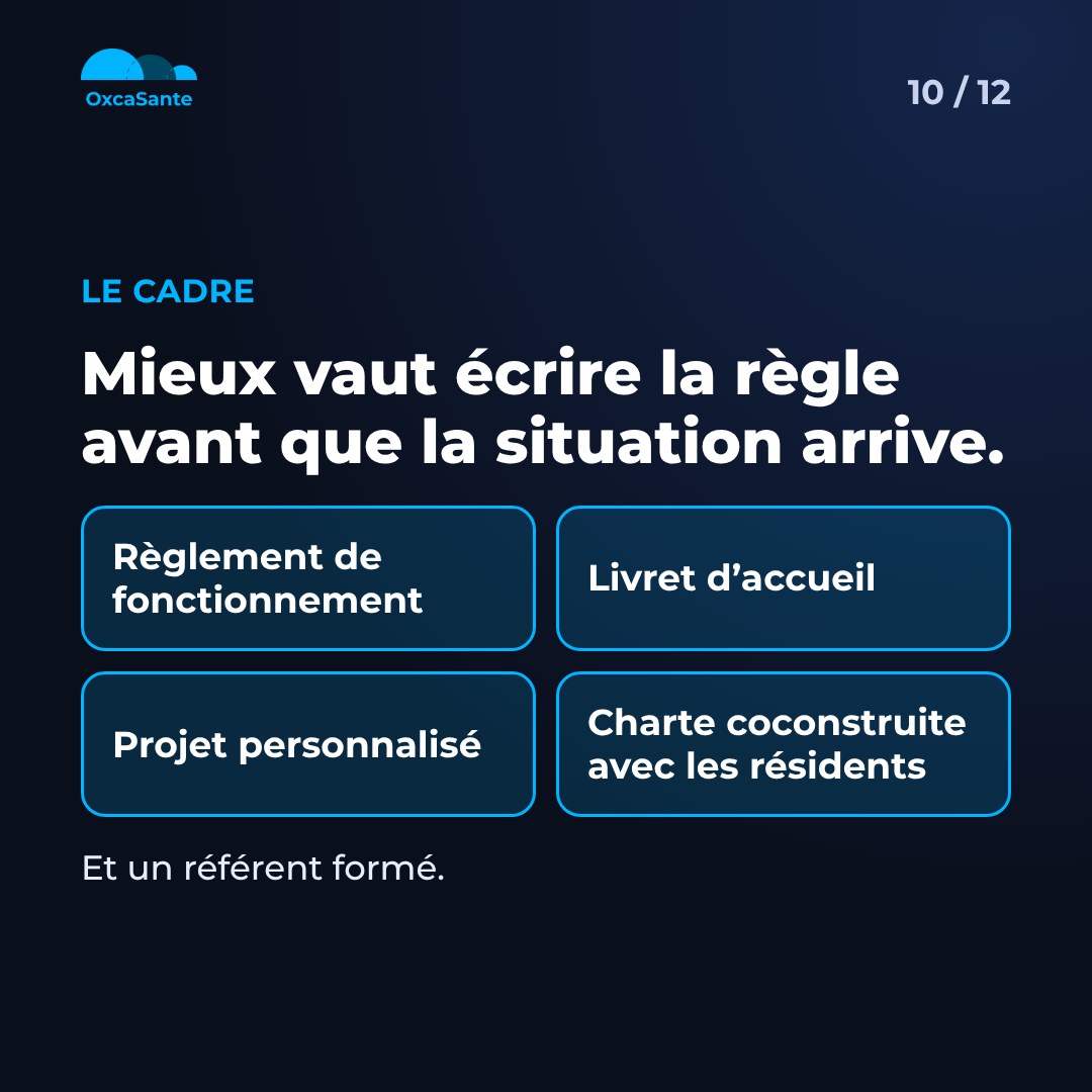 Slide 10 du carrousel&nbsp;: mieux vaut écrire la règle avant que la situation arrive, règlement de fonctionnement, livret d'accueil, projet personnalisé, charte, référent