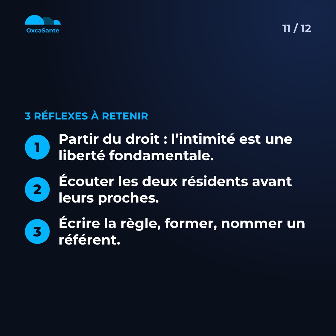 Slide 11 du carrousel&nbsp;: trois réflexes à retenir, partir du droit, écouter les deux résidents avant leurs proches, écrire la règle, former, nommer un référent