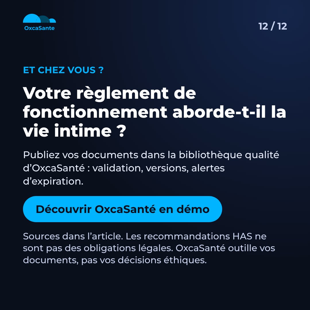 Slide 12 du carrousel&nbsp;: votre règlement de fonctionnement aborde-t-il la vie intime, découvrir OxcaSanté en démo