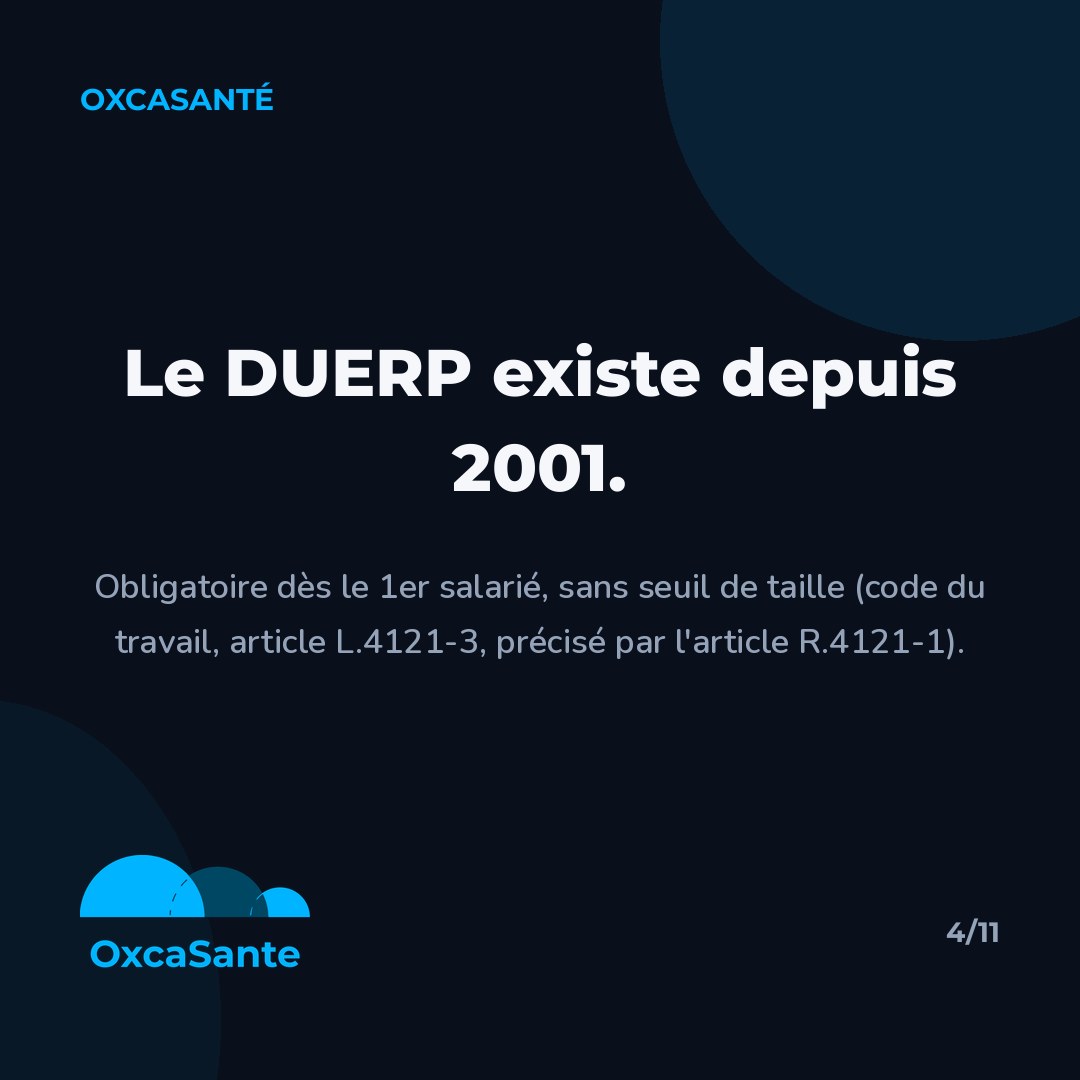 Slide 4 du carrousel : le DUERP existe depuis 2001, obligatoire dès le 1er salarié