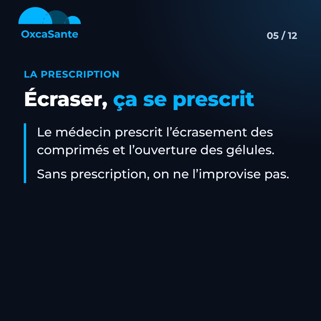 Slide 5 du carrousel : écraser, ça se prescrit, le médecin prescrit l'écrasement des comprimés et l'ouverture des gélules