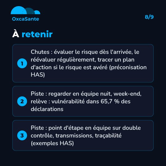 Slide 8 du carrousel : à retenir, évaluer le risque de chute dès l'arrivée, regarder en équipe nuit, week-end et relève, faire un point d'étape sur double contrôle, transmissions et traçabilité