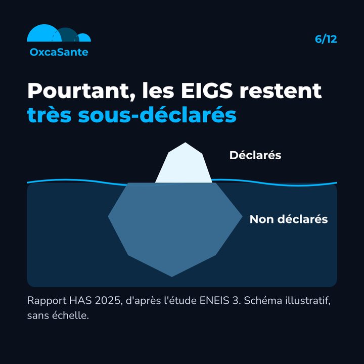 Slide 6 du carrousel : schéma d'un iceberg, événements déclarés en surface et non déclarés sous l'eau, les EIGS restent très sous-déclarés selon la HAS