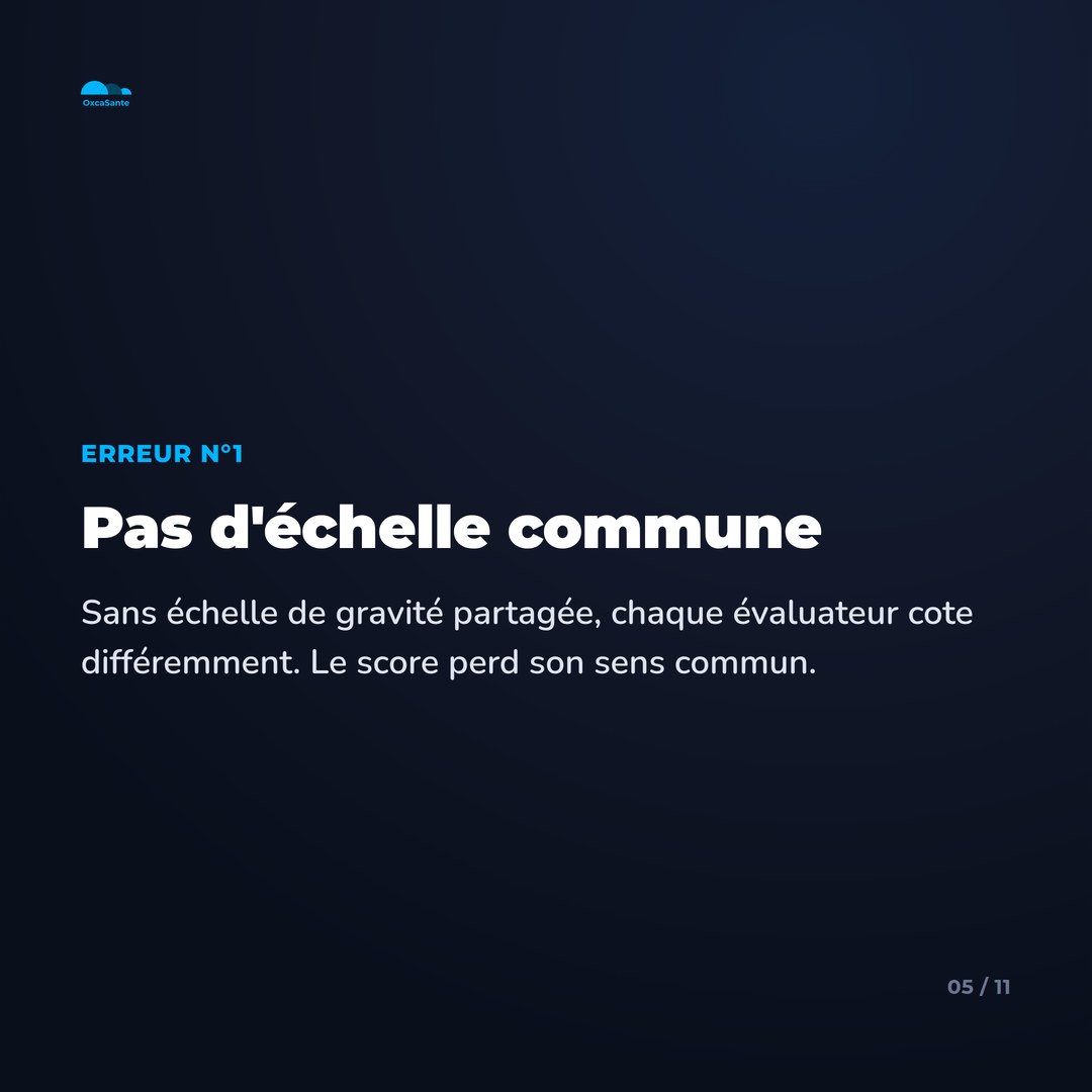 Slide 5 du carrousel : erreur n°1, pas d'échelle commune, chaque évaluateur cote différemment