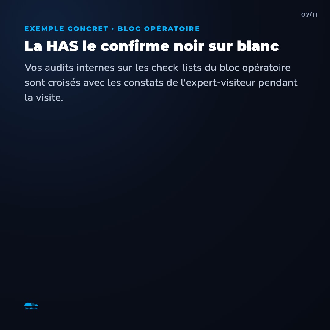 Slide 7 du carrousel : pour le bloc opératoire, la HAS confirme que vos audits internes sur les check-lists sont croisés avec les constats de l'expert-visiteur