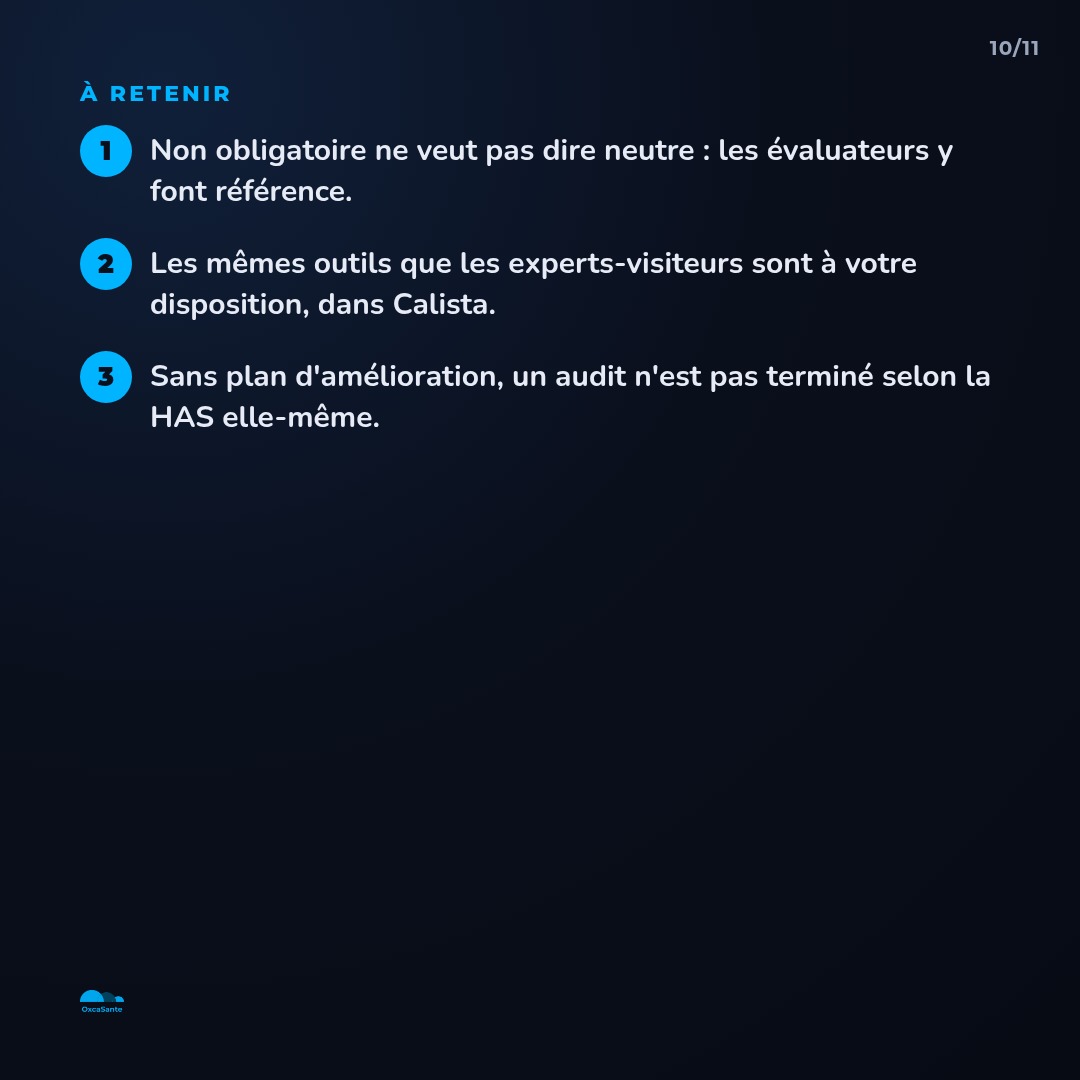 Slide 10 du carrousel : non obligatoire ne veut pas dire neutre, les mêmes outils que les évaluateurs sont accessibles, un audit sans plan d'amélioration n'est pas terminé