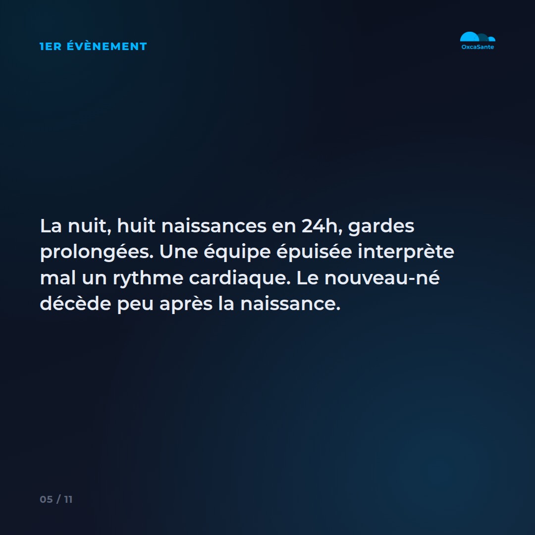 Slide du carrousel : la nuit, huit naissances en 24h, gardes prolongées, une équipe épuisée interprète mal un rythme cardiaque