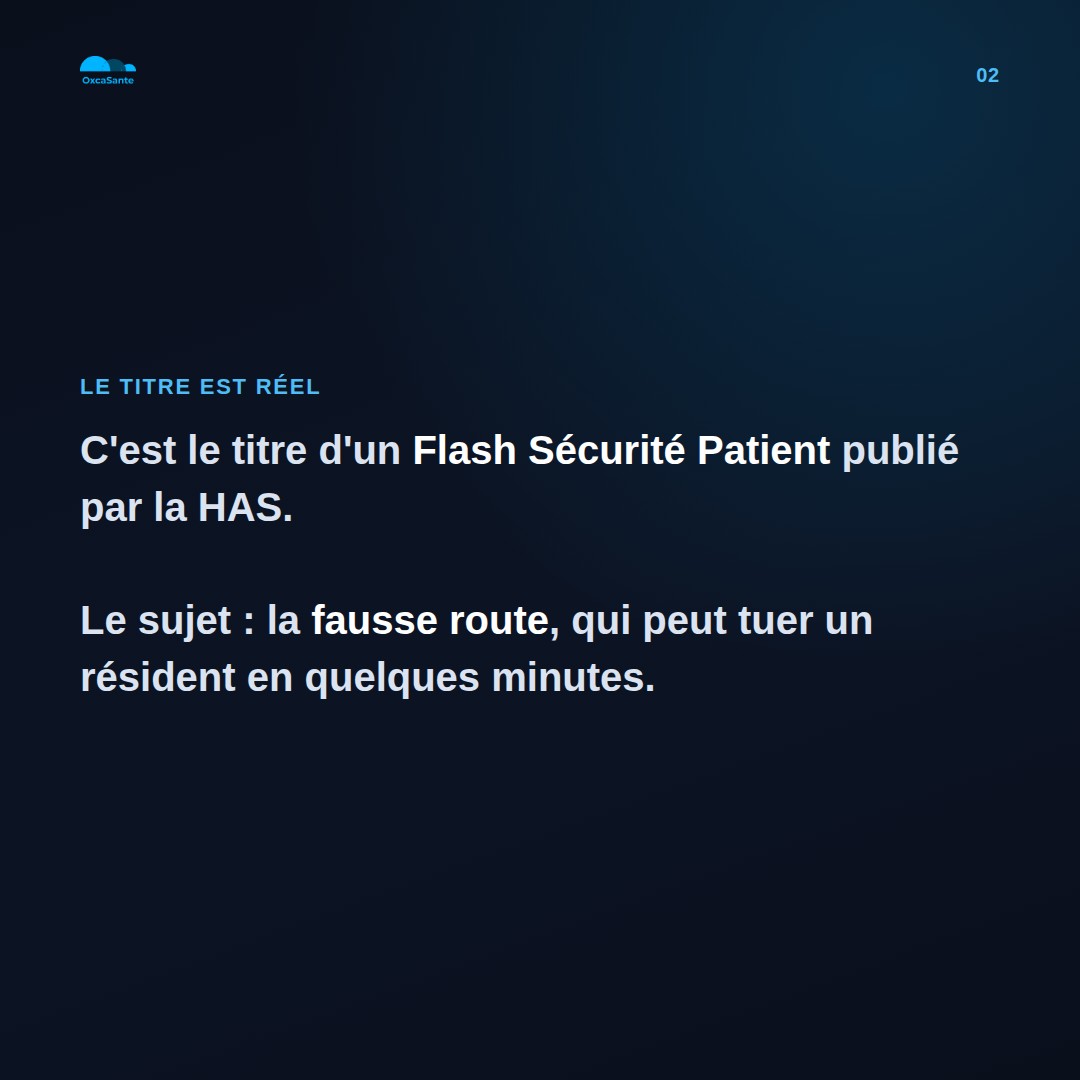 Slide du carrousel : le titre d'un Flash Sécurité Patient de la HAS, la fausse route peut tuer en quelques minutes