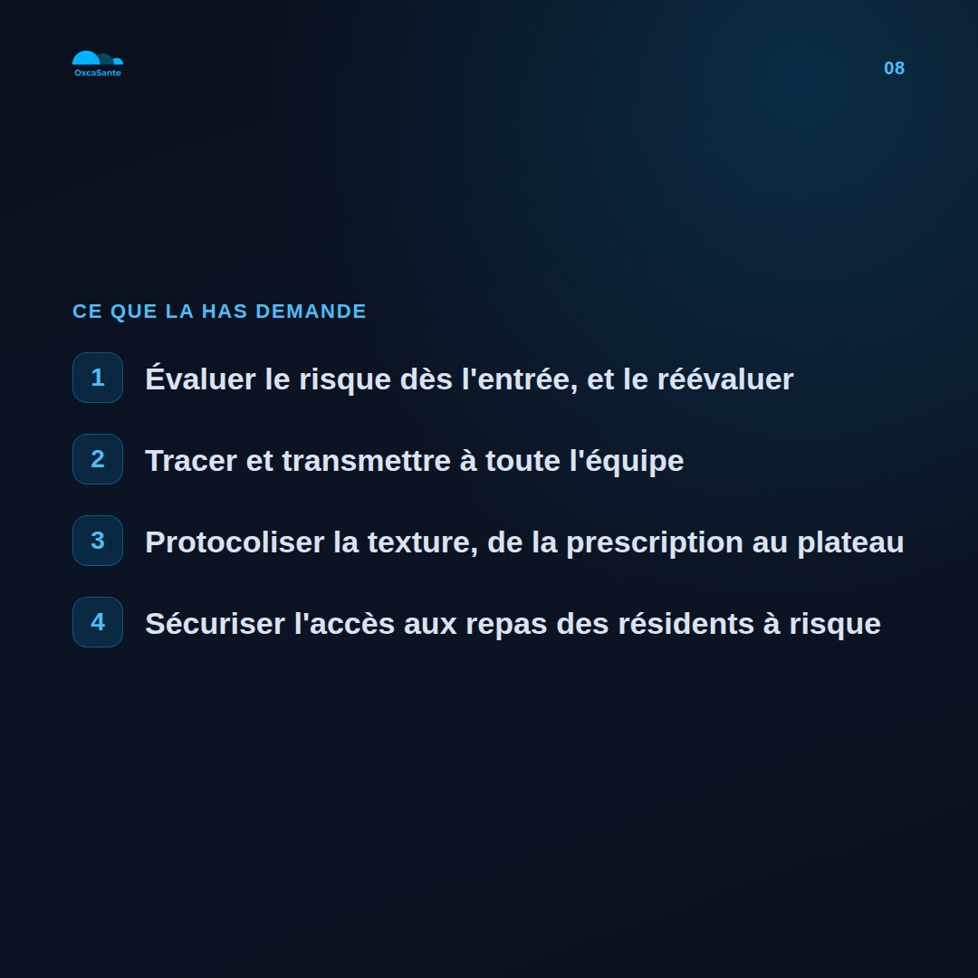Slide du carrousel : évaluer à l'entrée, tracer et transmettre, protocoliser la texture, sécuriser l'accès aux repas