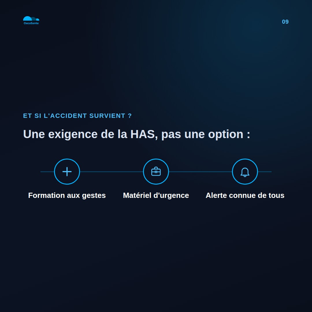 Slide du carrousel : formation aux gestes de premiers secours, matériel d'urgence entretenu, alerte connue de tous