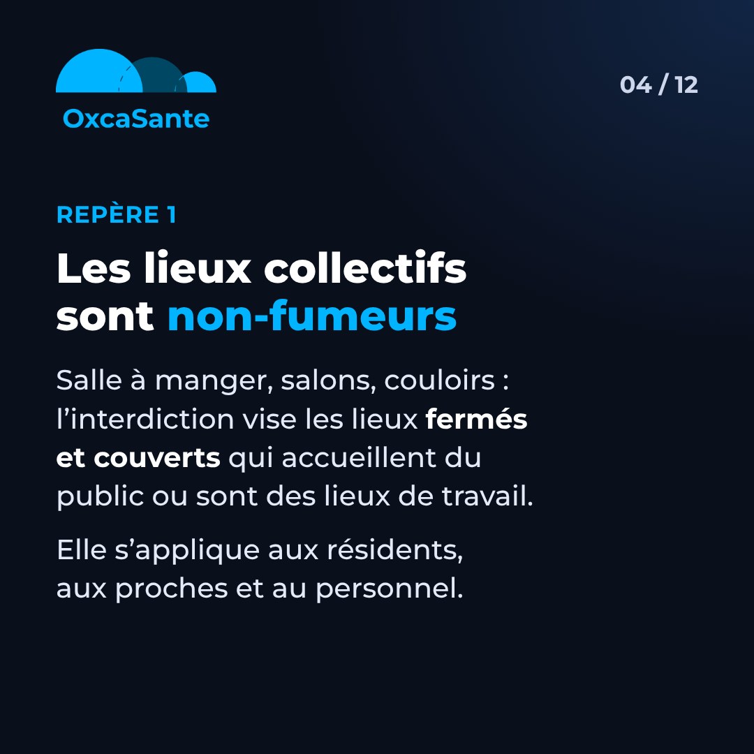 Slide 4 du carrousel&nbsp;: les lieux collectifs sont non-fumeurs, salle à manger, salons, couloirs, lieux fermés et couverts accueillant du public ou lieux de travail