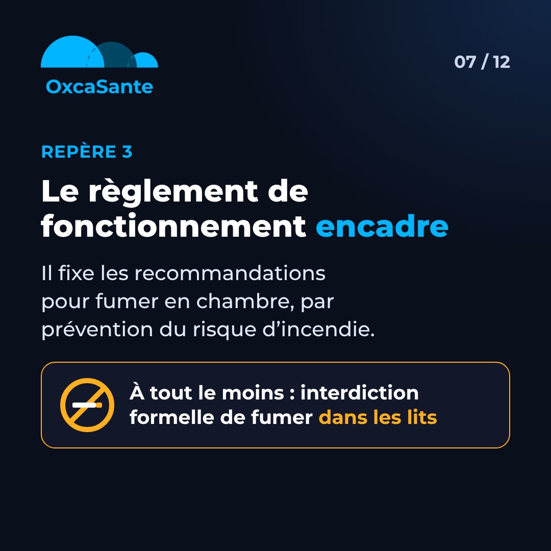 Slide 7 du carrousel&nbsp;: le règlement de fonctionnement encadre, il fixe les recommandations pour fumer en chambre et interdit à tout le moins de fumer dans les lits