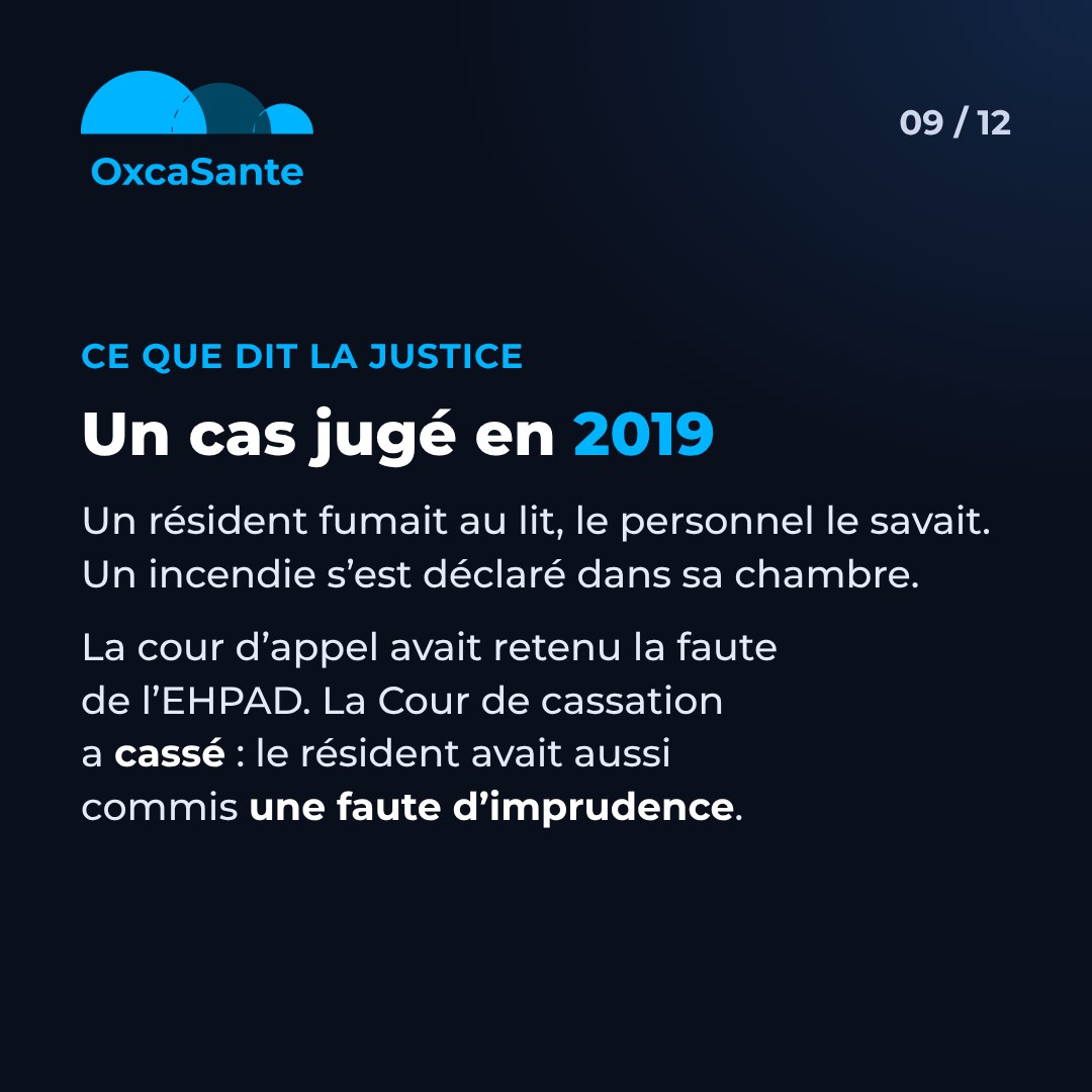 Slide 9 du carrousel&nbsp;: un cas jugé en 2019, un résident fumait au lit, la cour d'appel avait retenu la faute de l'EHPAD, la Cour de cassation a cassé