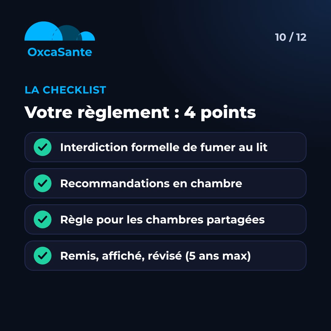 Slide 10 du carrousel&nbsp;: votre règlement, 4 points&nbsp;: interdiction formelle de fumer au lit, recommandations en chambre, règle pour les chambres partagées, remis, affiché, révisé 5 ans maximum