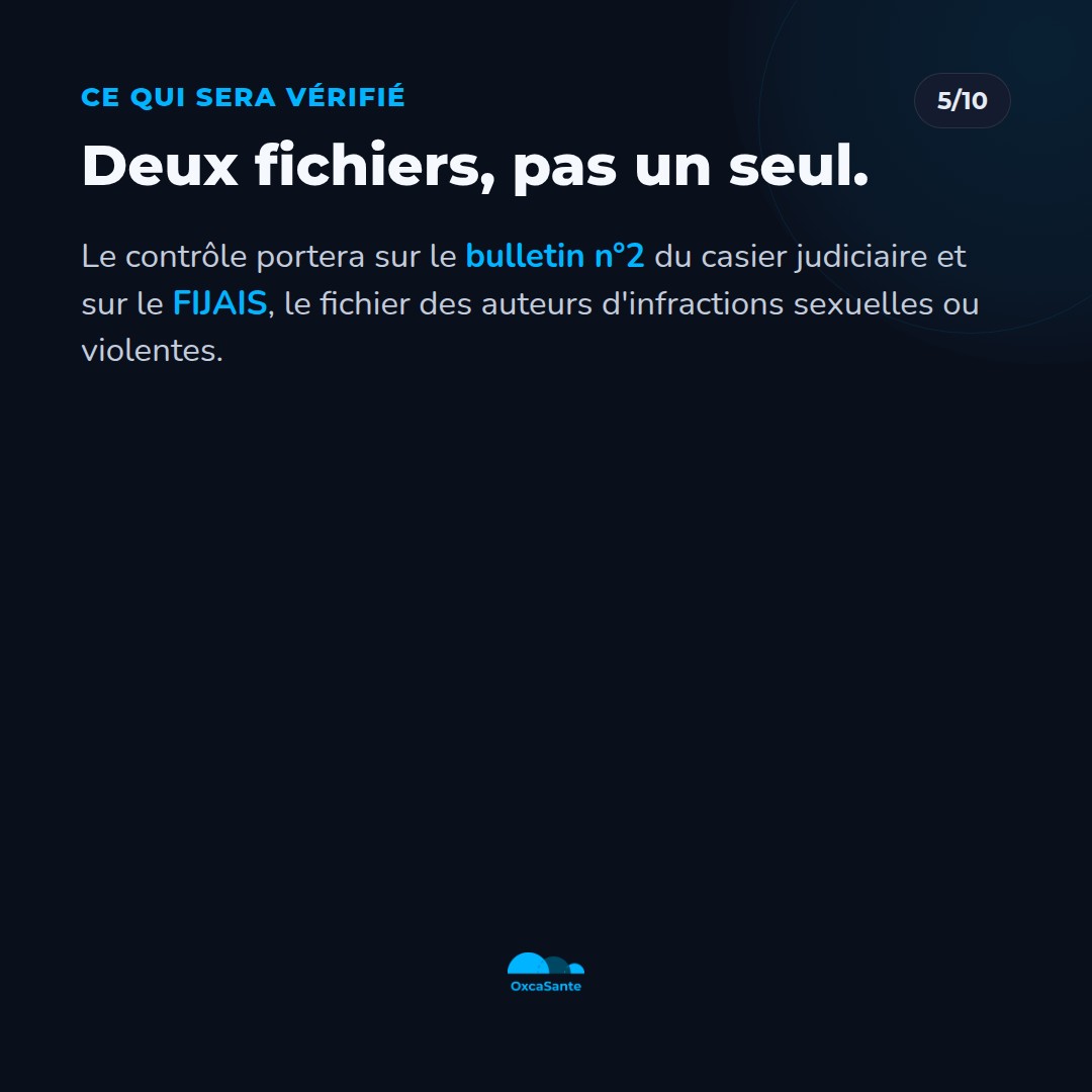 Slide du carrousel : deux fichiers seront vérifiés, le bulletin n°2 du casier judiciaire et le FIJAIS