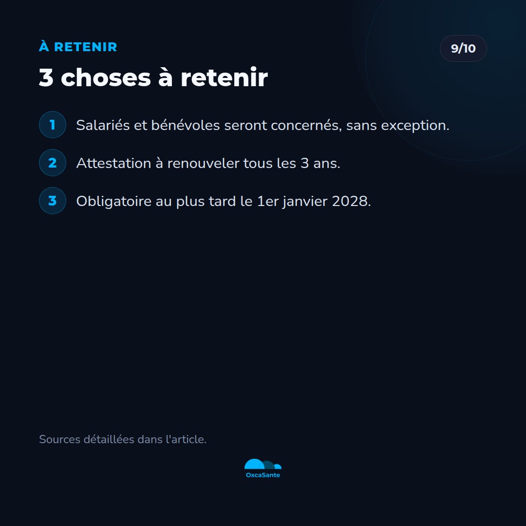 Slide du carrousel : 3 choses à retenir, salariés et bénévoles concernés, renouvellement tous les 3 ans, obligatoire au plus tard le 1er janvier 2028