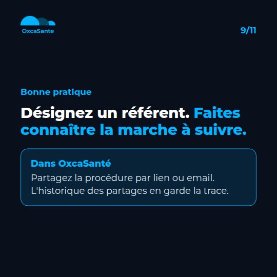 Slide du carrousel&nbsp;: désignez un référent, faites connaître la marche à suivre, partagez la procédure par lien ou email dans OxcaSanté