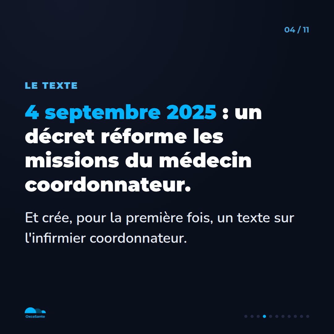 Slide du carrousel : le 4 septembre 2025, un décret réforme les missions du médecin coordonnateur et crée un texte sur l'infirmier coordonnateur