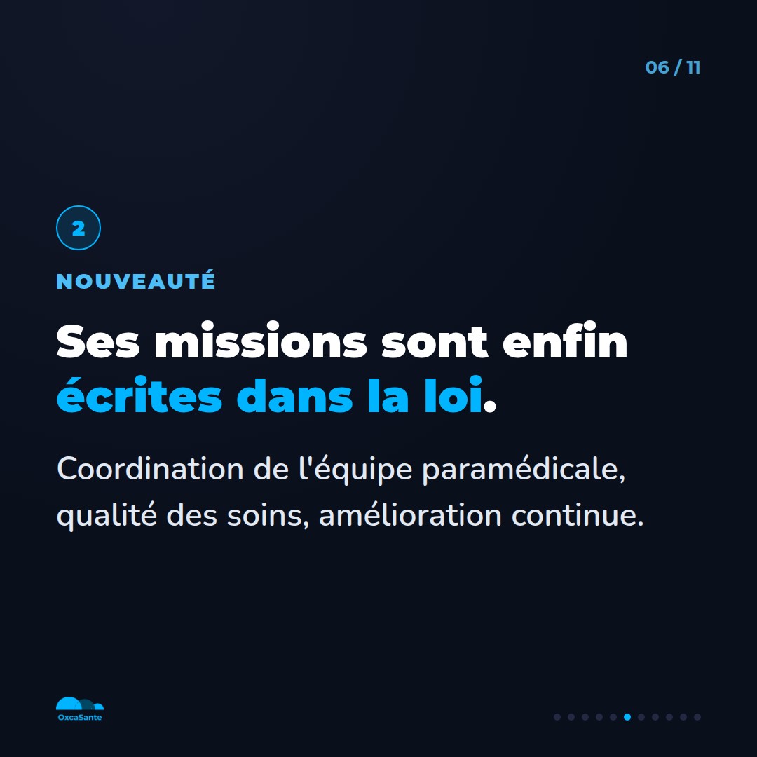 Slide du carrousel : ses missions sont enfin écrites dans la loi, coordination de l'équipe paramédicale, qualité des soins, amélioration continue