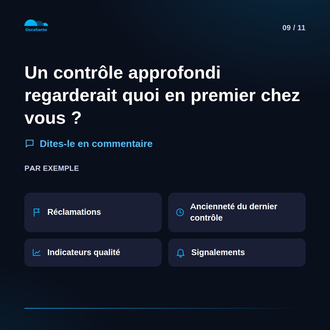 Slide 9 du carrousel : un contrôle approfondi regarderait quoi en premier chez vous, réclamations, ancienneté du dernier contrôle, indicateurs qualité, signalements