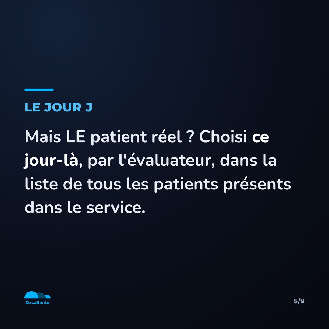 Slide 6 du carrousel : le patient réel est choisi le jour J, par l'évaluateur, dans la liste de tous les patients présents dans le service